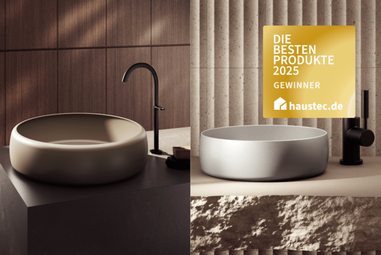 ALT-Text: „Zwei moderne Badezimmerwaschbecken in einem barrierefreien Design; links ein rundes Waschbecken mit dunkler Armatur zur Verbesserung der Zugänglichkeit für alle Nutzer, rechts ein kreisförmiges weißes Becken mit schwarzer Armatur, ideal für den Einsatz in energieeffizienten und nachhaltigen Gebäudekonzepten.