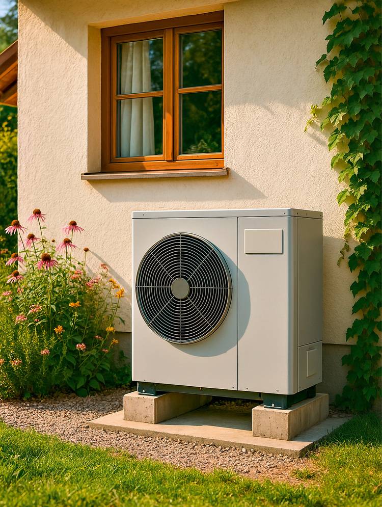 Optimierter ALT-Text: "Wärmepumpen-Außengerät fachgerecht auf Betonfundament neben Wohngebäude installiert, mit sichtbaren Anschlussleitungen und ausreichendem Abstand zur Gebäudefassade; umgeben von bepflanztem Garten – Beispiel für energieeffiziente Heiztechnik in der Gebäudetechnik.
