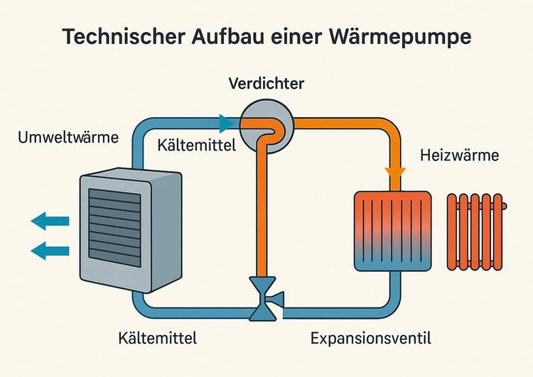 Alt-Text-Vorschlag (optimiert für die Zielgruppe und Kontext): Schema einer Wärmepumpenanlage in der Gebäudetechnik: Darstellung der Komponenten wie Verdampfer, Verdichter, Verflüssiger und Expansionsventil sowie Flusswege von Kältemittel, Umweltwärmeaufnahme und Wärmeabgabe an das Heizsystem. Begründung: Dieser Alt-Text beschreibt die wesentlichen Elemente für Entscheider und Fachleute – nennt relevante Anlagenbestandteile (mit deutschen Bezeichnungen) sowie ihre Funktionen im Kreislauf. Dadurch erhalten auch Nutzer mit Screenreadern technisches Verständnis über das abgebildete System im SHK-Kontext.