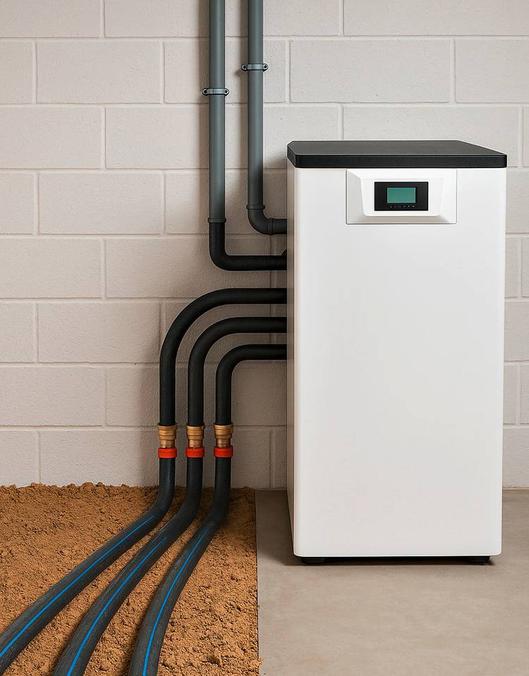 Optimierter ALT-Text: „Installierte Luft/Wasser-Wärmepumpe mit angeschlossenen Rohrleitungen, montiert an einer weiß verputzten Außenwand auf einem Betonfundament – beispielhafte Lösung für energieeffiziente Wärmeversorgung in modernen Gebäuden.“.