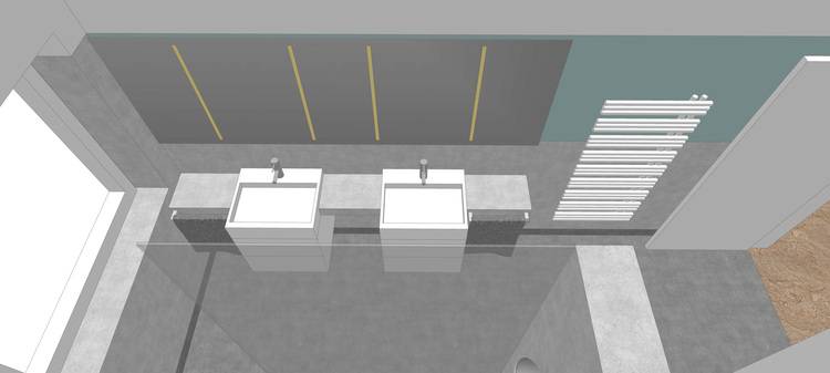 Optimierter ALT-Text für die Zielgruppe und Branche: "Barrierearmes Badezimmer mit zwei quadratischen Waschtischen, großflächigen Wandspiegeln, elektrischem Handtuchheizkörper und rutschfestem Bodenbelag - Aufsicht zur Darstellung moderner Sanitärtechnik und energieeffizienter Gebäudetechnik-Lösungen.