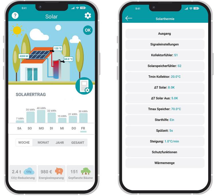 Optimierter ALT-Text: Zwei Smartphone-Bildschirme zeigen eine professionelle Solarenergie-Monitoring-App mit aktuellen Systemdaten, Ertragsstatistiken und Statusanzeigen für die Anlagenüberwachung im Gebäudetechnikbereich.
