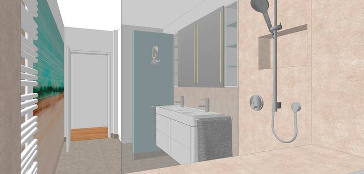 Barrierefrei ausgestattetes Badezimmer mit zwei Waschtischen, großem beleuchtetem Spiegel, beige gefliester bodengleicher Dusche mit Haltegriff und höhenverstellbarer Handbrause - Beispiel für moderne Sanitärtechnik in der Gebäudetechnik.