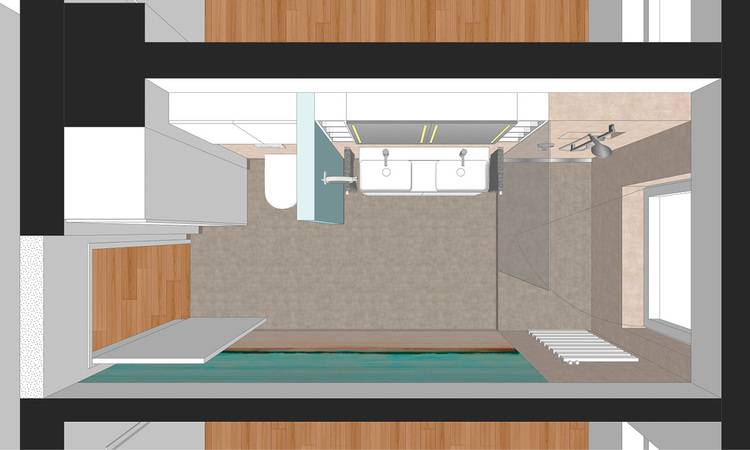 Gerne! Hier ist ein präziser, themenrelevanter und für Ihre Zielgruppe optimierter ALT-Text: ALT-Text: Luftaufnahme eines modernen Badezimmers mit barrierefreier, schwellenloser Dusche, Doppelwaschtisch mit berührungslosen Armaturen, wandhängendem WC und Glasabtrennung - zeitgemäße Sanitärtechnik für effiziente Gebäudetechniklösungen. Begründung: Der Text beschreibt nicht nur das sichtbare Inventar prägnant aus TGA-Sicht, sondern hebt relevante Details wie Barrierefreiheit und moderne Technik hervor. Das entspricht dem Informationsbedarf Ihrer Zielgruppe.