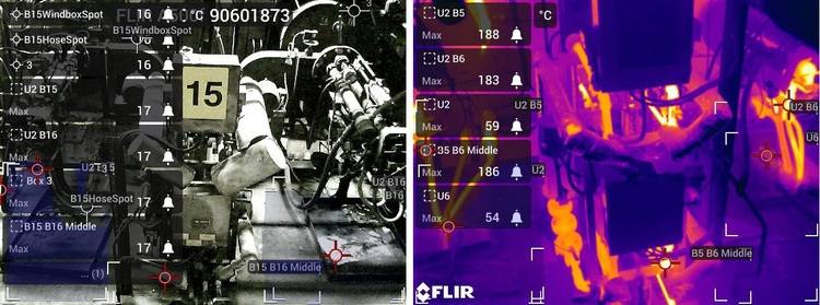 Gerne, hier ein optimierter, themenrelevanter ALT-Text für das beschriebene Bild, zugeschnitten auf die Zielgruppe von haustec.de: "Vergleichende Ansicht eines Maschinenteils in Normalsicht und Wärmebild: Thermografische Aufnahme zeigt Temperaturverteilung und Hotspots an Pumpengehäuse und Motor im Heizungsraum; Messwerte an den Bauteilen zur Identifikation von Energieverlusten und Wartungsbedarf.