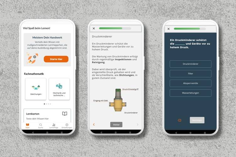 Optimierter ALT-Text: Drei Smartphones zeigen eine deutschsprachige Schulungs-App für moderne Trinkwasserinstallationen mit interaktiven Lernmodulen und Quizfragen - präsentiert im Kontext digitaler Weiterbildung für Fachkräfte der Gebäudetechnik.
