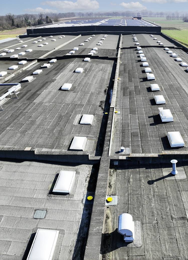 Flachdach eines Industriegebäudes mit Lichtkuppeln, Lüftungsanlagen und entfernten Solarmodulen unter bewölktem Himmel, Fokus auf Gebäudetechnik.