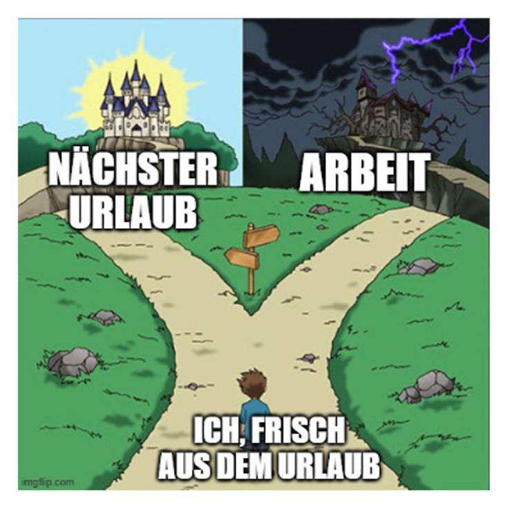 Neuer ALT-Text: "Illustration zeigt eine Fachkraft aus der Gebäudetechnik, die symbolisch zwischen zwei Wegen steht: Auf der einen Seite ein hell erleuchtetes Gebäude mit dem Schild 'Nächster Urlaub', auf der anderen Seite ein dunkles Gebäude mit dem Schild 'Arbeit' - als Entscheidungssituation zwischen beruflichen Aufgaben in Technik und persönlicher Erholung.