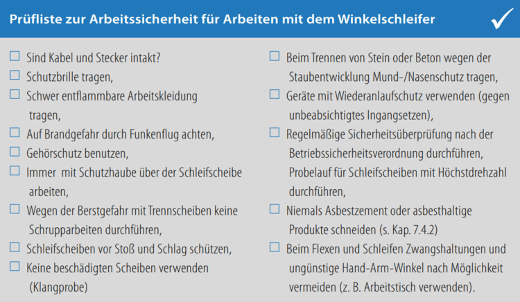 Deutsche Prüfliste für Arbeitssicherheit beim Winkelschleifer, mit praxisnahen Sicherheitstipps und Kontrollkästchen für SHK- und Gebäudetechnikbetriebe.
