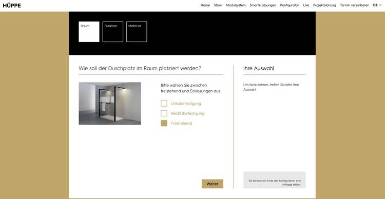 Screenshot einer Online-Oberfläche zur Duschplatz-Konfiguration mit Auswahloptionen für Positionierung und Vorschaubild einer Duschkabine.