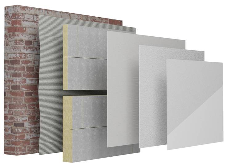 Explosionszeichnung eines mehrschichtigen Wandaufbaus mit Ziegelmauerwerk, Dämmung und Fassadensystem - Fokus auf Wärmeschutz und Energieeffizienz.