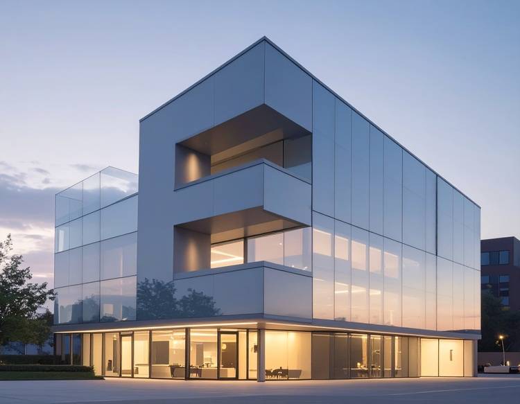 Moderne Büroimmobilie mit großflächiger Glasfassade bei Dämmerung, beleuchtetes Erdgeschoss - Fokus Gebäudetechnik und Energieeffizienz.