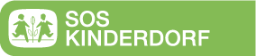 Grünes SOS-Kinderdorf-Logo: Zwei stilisierte Kinder, die sich an den Händen halten, in weißem Rechteck - Symbol für soziale Verantwortung in der Gebäudetechnik.