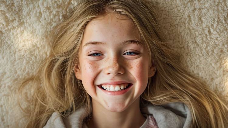 Junge Frau mit blonden Haaren und Sommersprossen entspannt auf einer cremefarbenen Decke - Symbol für Komfort im modernen Wohnumfeld.