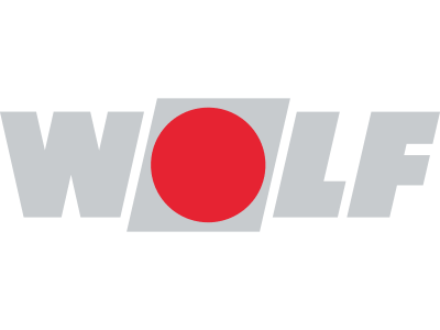 WOLF-Logo: Graue Großbuchstaben, der Buchstabe "O" als roter Kreis dargestellt. Bekanntes Markenzeichen für Heizungs- und Klimatechnik im Gebäudebereich.