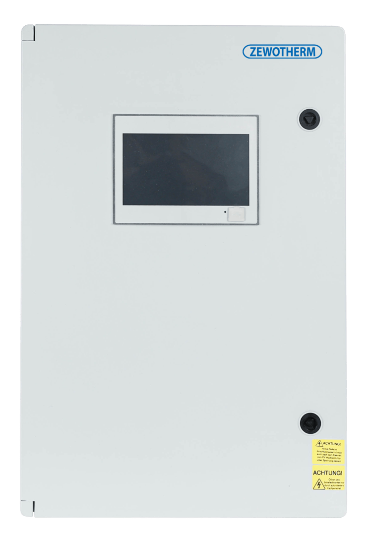 Zewotherm Steuerungsbox für Gebäudetechnik mit Display und zwei Bedientasten, kompakte Bauweise, geeignet für SHK-Anwendungen.