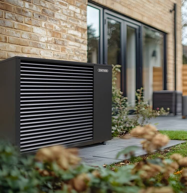Luft/Wasser-Wärmepumpe außen vor einem Einfamilienhaus mit Ziegelmauerwerk und bodentiefen Verglasungen, Beispiel für energieeffiziente Gebäudetechnik.