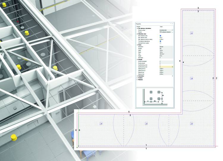 Innenraum eines Gebäudes mit sichtbaren Deckenbalken, überlagert von einem digitalen Lichtplan und Software-Interface für Gebäudetechnik-Planung.