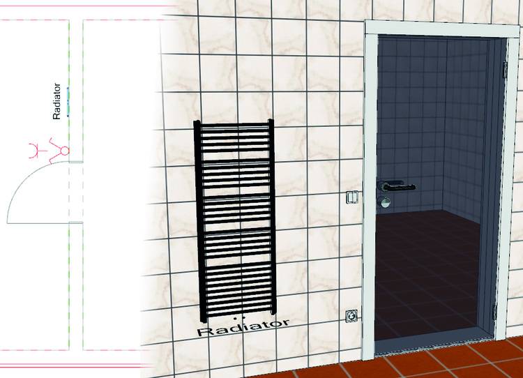Wandhängender schwarzer Heizkörper neben gefliester Türöffnung in einem Raum mit Fliesenboden, Beispiel moderner Heiztechnik für TGA-Fachanwender.