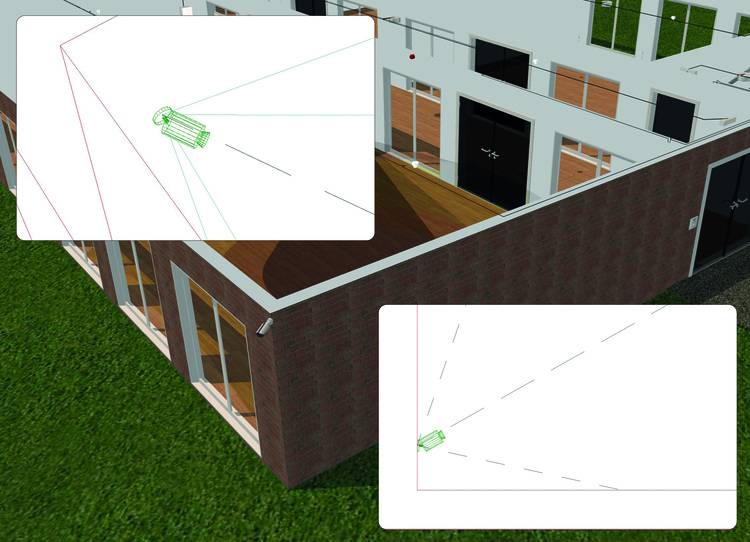 3D-Visualisierung einer Gebäudeaußenansicht mit zwei Detailausschnitten zur Darstellung der Überwachungsradien installierter Sicherheitskameras.