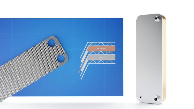 Plattenwärmetauscher mit schematischer Darstellung des Innenaufbaus, Fokus auf Wärmeübertragung und technische Komponenten im SHK-Kontext.