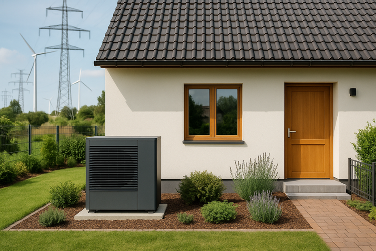 Außen aufgestellte Wärmepumpe an einem modernen Wohngebäude mit Garten; im Hintergrund Windkraftanlagen als Symbol für erneuerbare Energien.