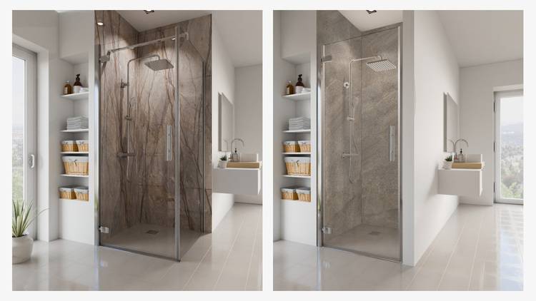 Barrierefreie, nebeneinander angeordnete Duschen mit Glastüren, Steinoptik-Wänden und modernen Sanitärobjekten in einer energieeffizienten Sanitärinstallation.