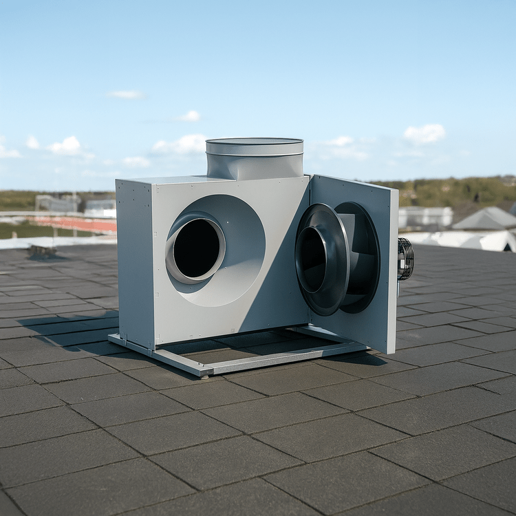 Geöffnete Metall-Dachventilationseinheit auf Ziegeldach, geeignet für Gebäudetechnik-Lösungen im Bereich Lüftung und Energieeffizienz.