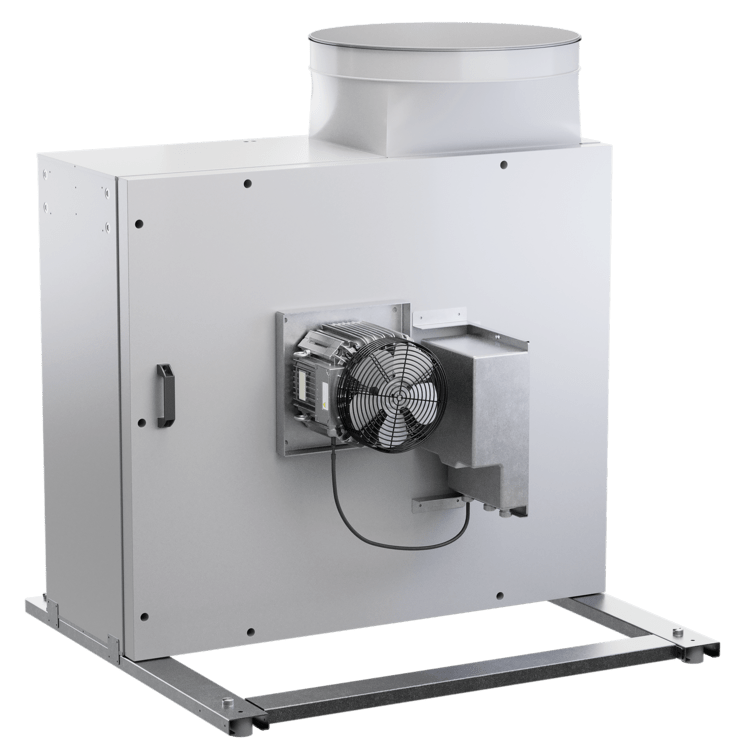 Kompakte Lüftungszentrale mit rechteckigem Gehäuse, rundem Kanalanschluss oben und seitlich angebautem Ventilator für die industrielle Gebäudetechnik.