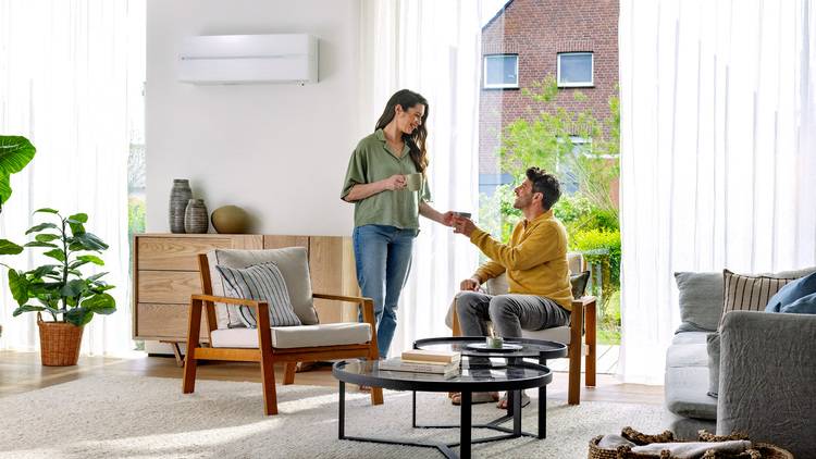 In einem modern gestalteten Wohnraum mit bodentiefen Fenstern demonstrieren zwei Personen praktikable Lösungen für barrierefreie Gebäudetechnik.