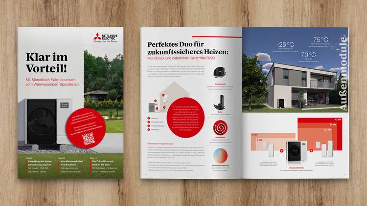 Zweiseitige Broschüre mit technischen Informationen und Diagrammen zu Wärmepumpen, gezeigt am Beispiel eines modernen Hauses mit Temperaturangaben.