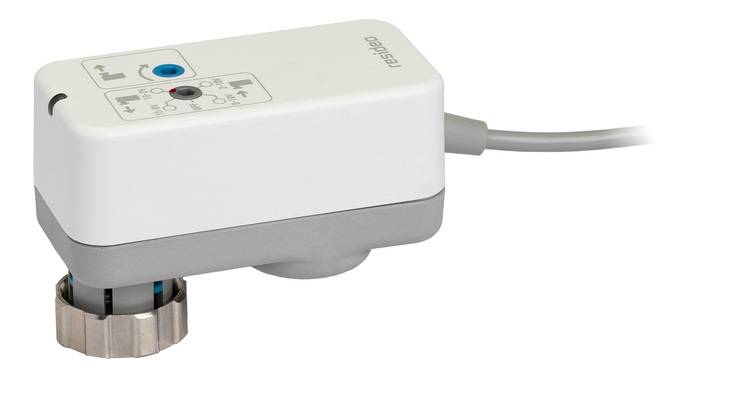 Elektronischer Stellantrieb für Heizungsventile, weiß-grau, mit Anschlusskabel, abgebildet vor weißem Hintergrund, geeignet für SHK-Anwendungen.