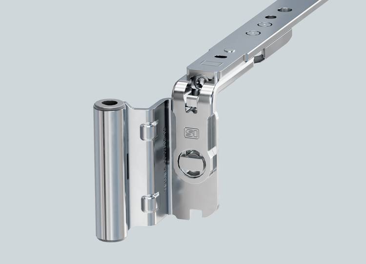 Detailaufnahme eines hochwertigen Metallscharniers mit Mehrfachbohrungen und exakter Verarbeitung, geeignet für Anwendungen in der Gebäudetechnik.