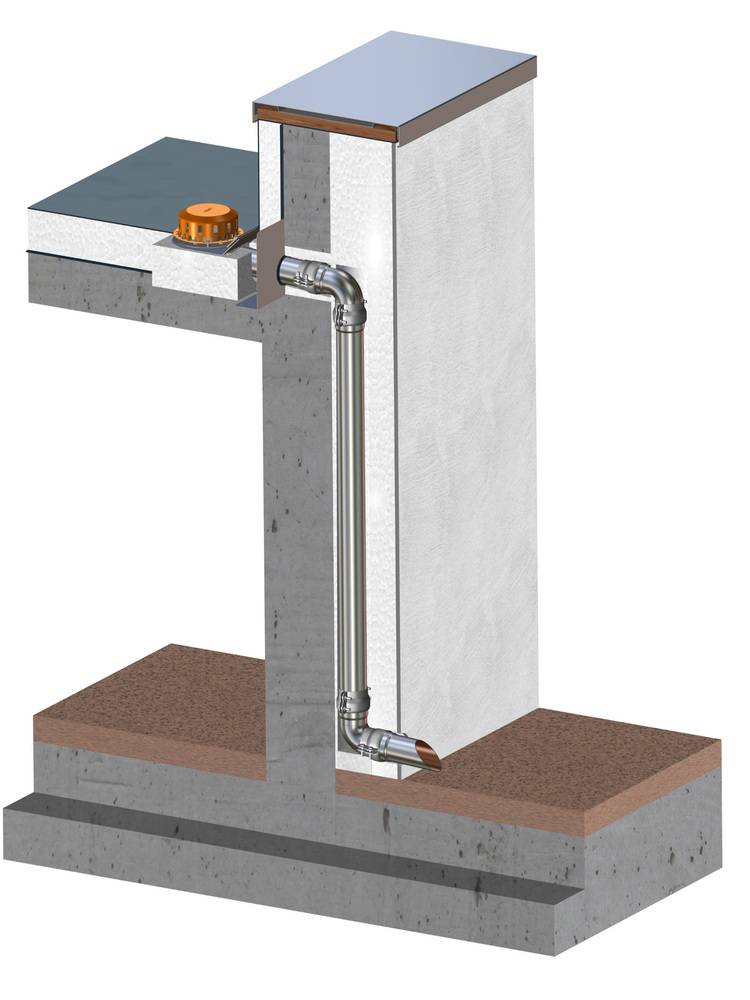 Schnittdarstellung einer Gebäudewand mit senkrecht verlaufendem Metall-Entwässerungsrohr, das unten aus der Wand austritt.