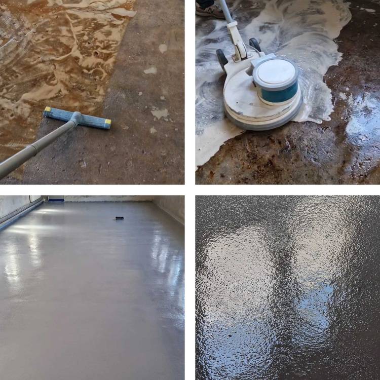 Schrittweise Aufbereitung eines Betonbodens: Reinigung, Schleifen, Polieren und Endfinish für langlebige, hygienische und glänzende Bodenflächen.