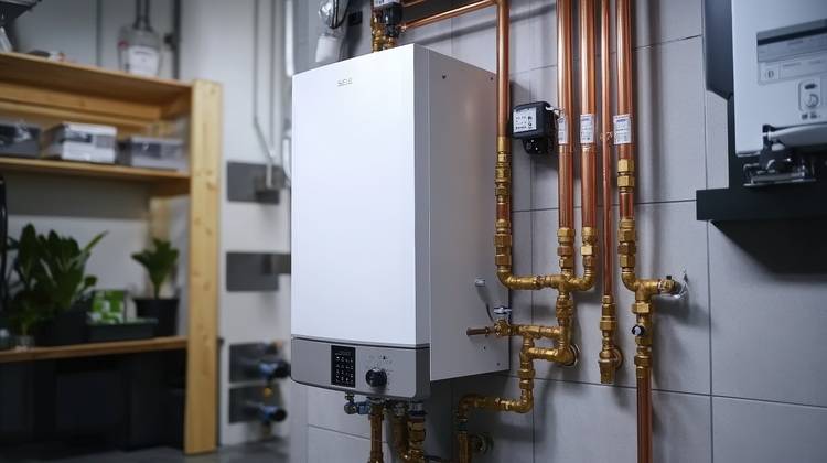 Wandinstallierter, weißer Durchlauferhitzer mit Kupferrohren in Technikraum, Beispiel moderner Warmwasserbereitung für Gebäudeprofis.