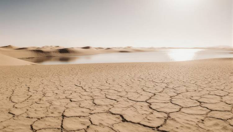 Symbolbild für klimabedingte Trockenheit: rissiger Boden und Sanddünen am Wasser - Herausforderungen für Gebäudetechnik und Energieeffizienz.
