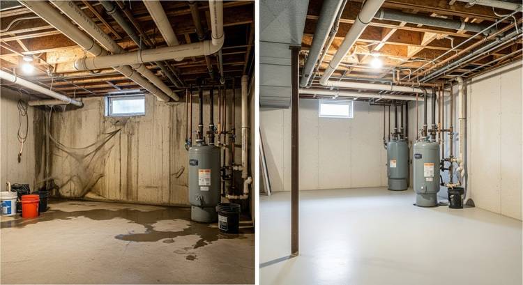 Vorher-nachher Vergleich Keller: links feucht und verschmutzt, rechts trocken, sauber und strukturiert - Beispiel für erfolgreiche Gebäudesanierung.