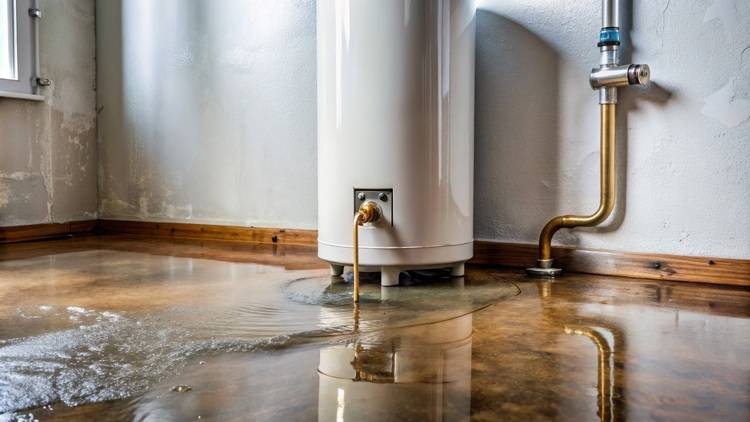 Undichte Rohrverbindung an Warmwasserbereiter verursacht braunes Leckwasser und Überflutung des Technikraums - Schadensbild in der Gebäudetechnik.