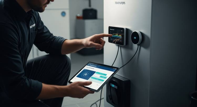 Fachkraft bedient ein smartes Gebäude-Energie-Panel und prüft Energieverbrauchsdaten auf einem Tablet, Fokus auf Energieeffizienz in der Gebäudetechnik.