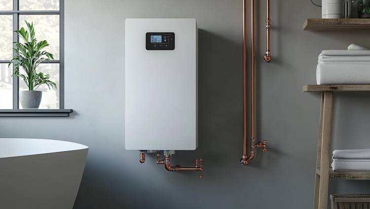 Gas-Brennwertgerät mit Kupferrohrinstallation an grauer Wand, modernes Bad. Beispiel für energieeffiziente Heiztechnik im Gebäudebereich.