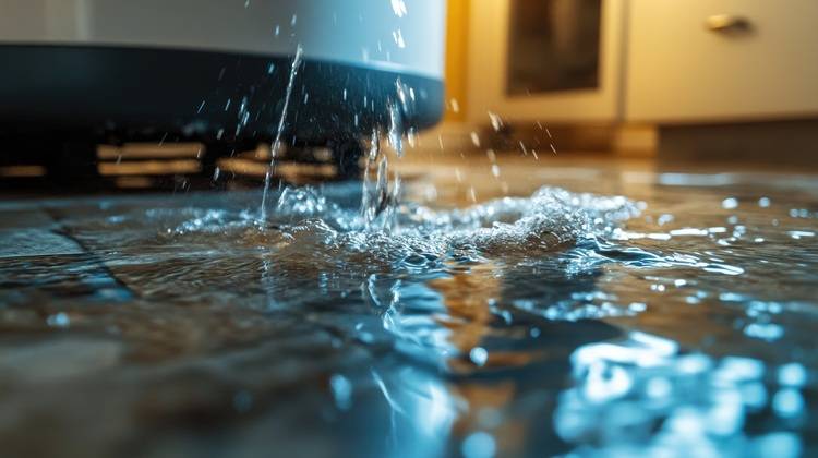 Wasser tritt aus einem Küchengerät auf den Boden aus und bildet eine Pfütze - Hinweis auf Leckage oder defektes Anschluss-/Entwässerungssystem.