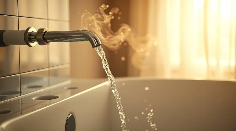 Heißwasser fließt aus einer modernen Waschtischarmatur in ein Waschbecken; sichtbarer Dampf betont effiziente Warmwasserbereitstellung im Bad.
