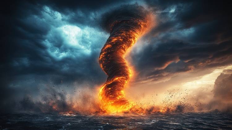 Symbolbild: Energiestarker Wirbelsturm über dem Wasser, dramatische Wolken und Lichtreflexionen, stellvertretend für Energiegewinnung und Klimarisiken.