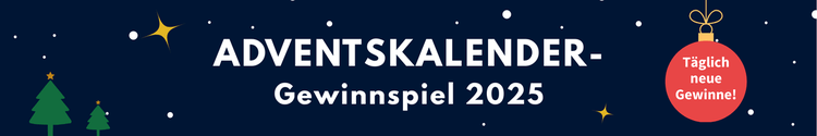 Advents-Banner in Dunkelblau mit Bäumen, Sternen und roter Kugel "Täglich neue Gewinne!" - Hinweis auf tägliche Aktionen für Gebäudetechnik-Profis.