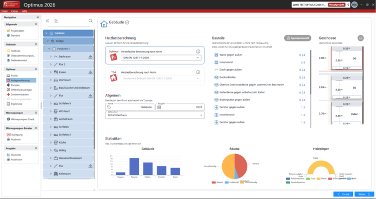 Dashboard einer Gebäudetechnik-Software mit Einstelloptionen, Eingabefeldern und Diagrammen zur Heizlastberechnung für Energieeffizienz-Analysen.