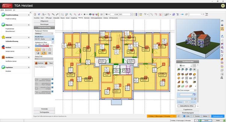 Monitor mit geöffneter TGA-Planungssoftware: Grundriss eines Gebäudes, HVAC-Systementwurf und 3D-Modell für Gebäudeautomation und Energieeffizienz.