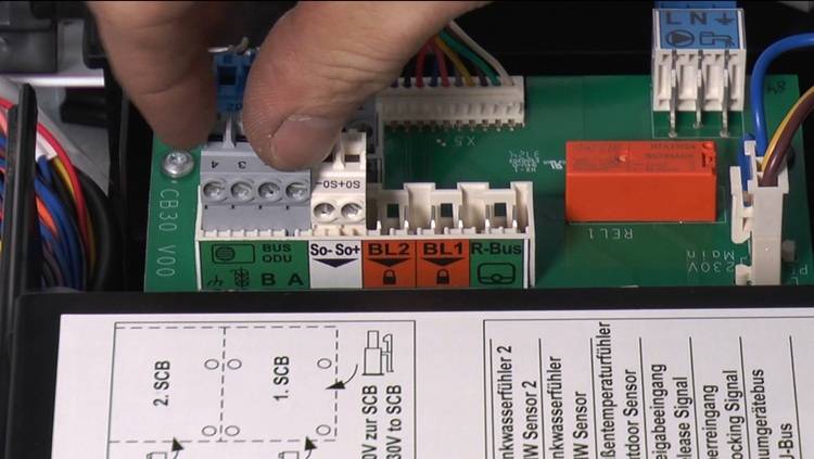 Fachkraft schließt Installationsdraht an Klemmenblock einer Steuerplatine in einem HLK-Gerät an - Detailansicht typischer Gebäudetechnikinstallation.