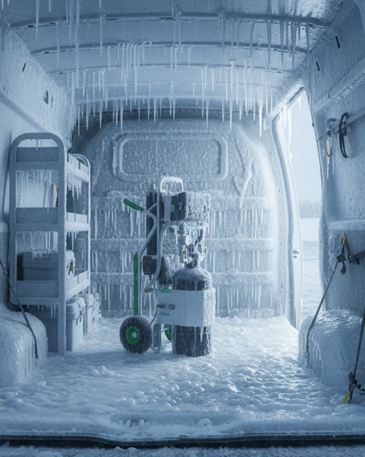 Leerraum eines Servicefahrzeugs im Wintereinsatz: Installateur-Werkzeuge und Regale mit Eis und Raureif bedeckt, gefrorene Fahrzeug-Innenausstattung.