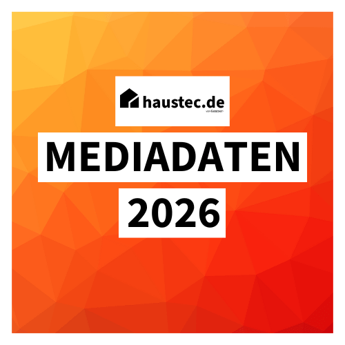 Visual mit orangefarbener geometrischer Struktur und dem Schriftzug "haustec.de MEDIADATEN 2026" - Dokument für Fachinformationen der Gebäudetechnik.